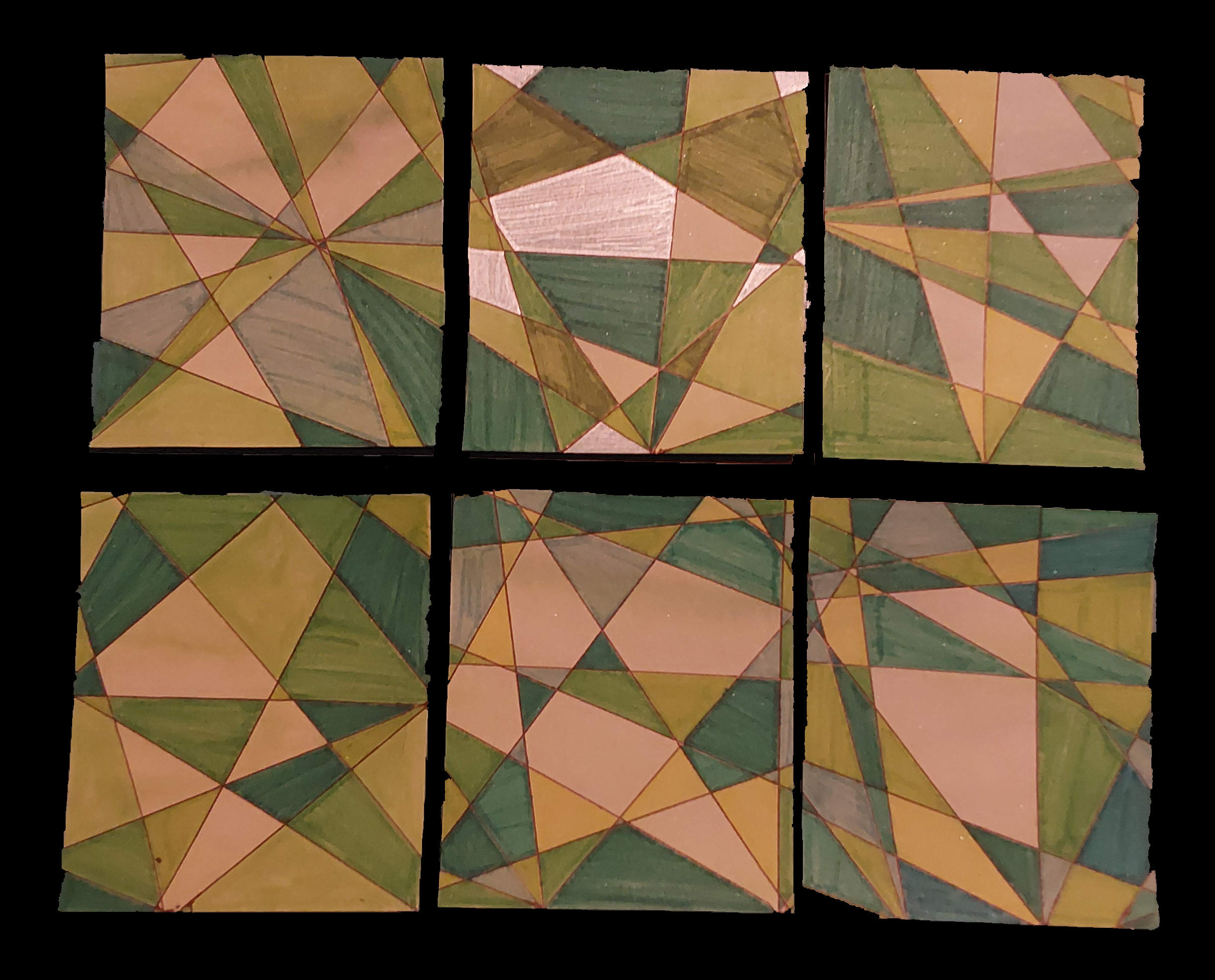 Lot de six cartes postales avec un motif géométrique vert.