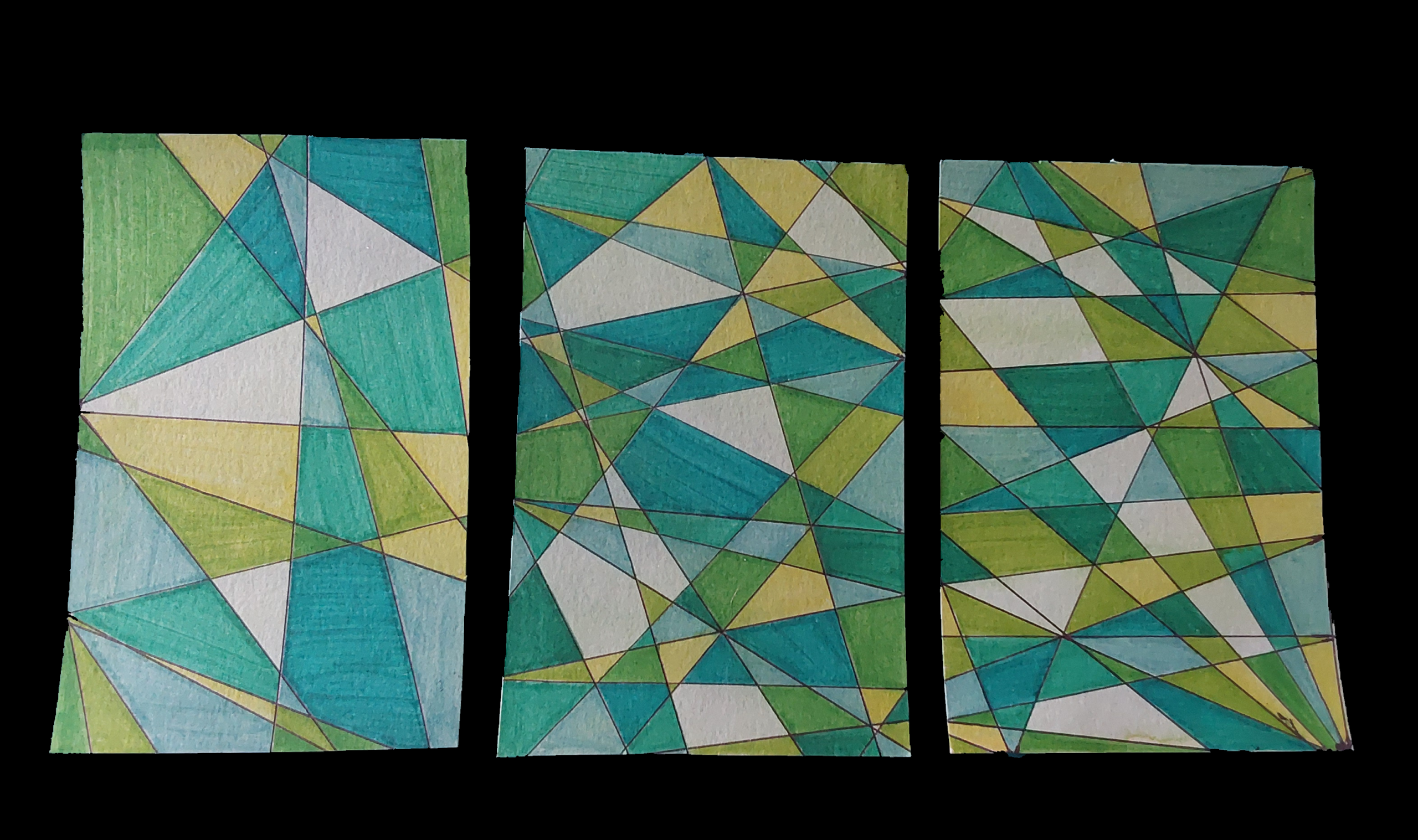 Lot de trois cartes postales avec un motif géométrique vert.